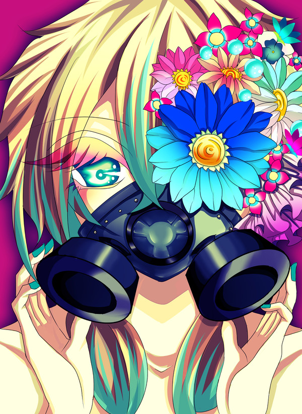 ガスマスクと花