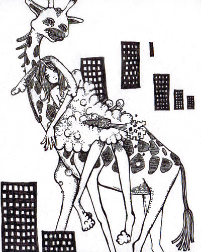 キリンにのるウサギ。