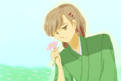 コスモスを見つめる平助くん