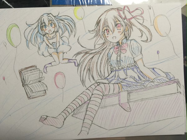 シャーペンと色鉛筆で落書き