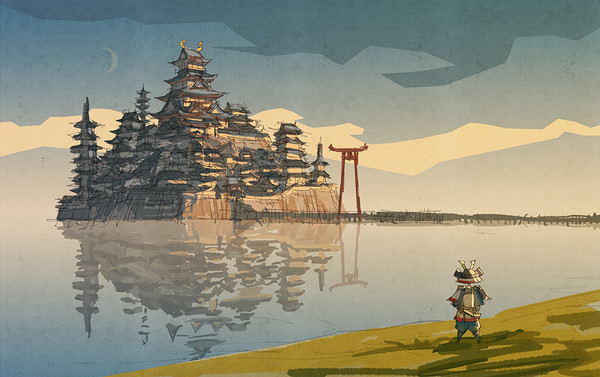 湖上の城と若武者