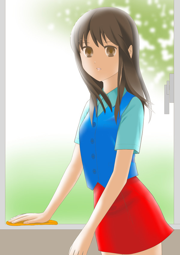 窓を掃除する子