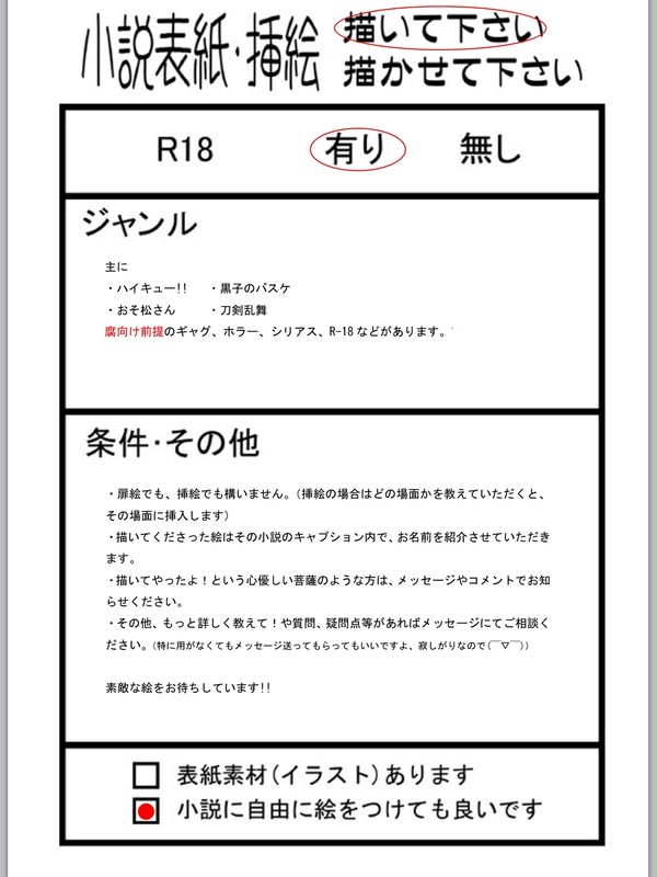 小説表紙・挿絵描いて下さい