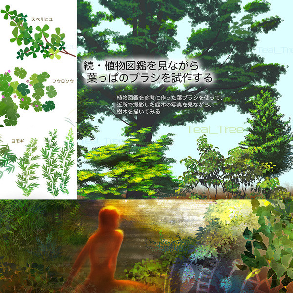 雑草の図鑑を見て作った葉のブラシで描いてみた