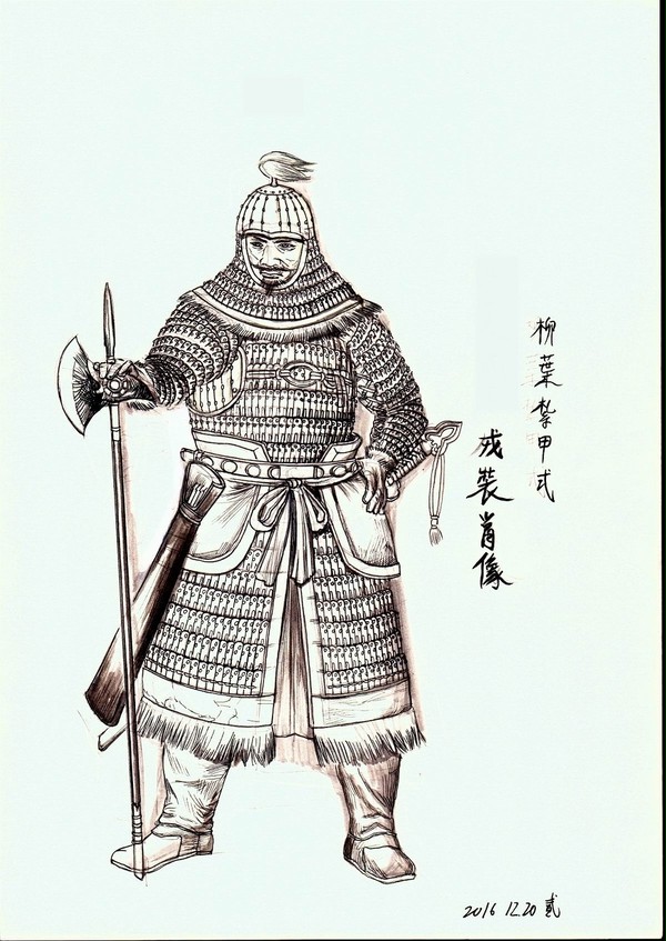 根据宋朝甘肃臨洮磚雕武士繪製的復原圖。