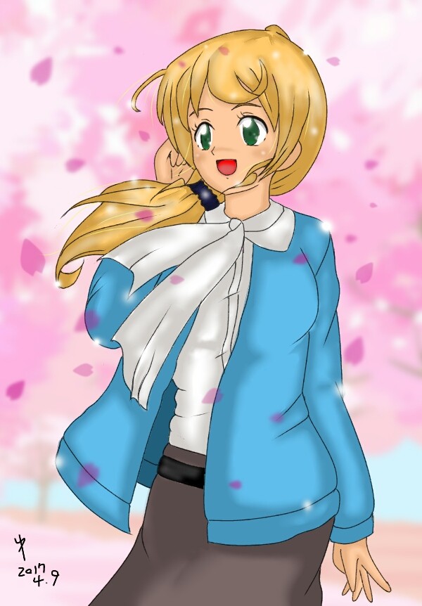 エレン先生、新学期の桜の木の下で