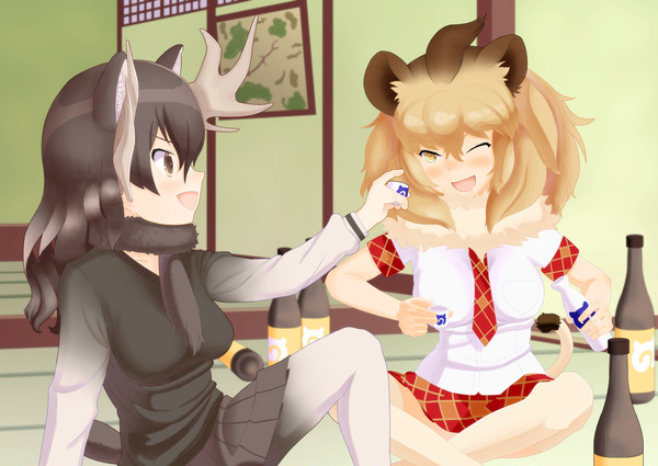 酒飲みライオンちゃんとヘラジカちゃん