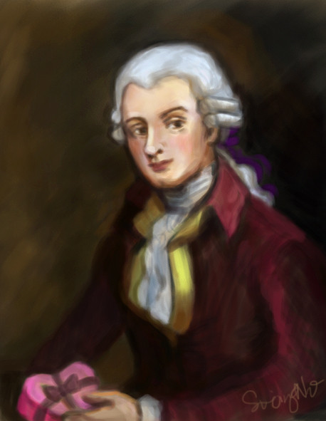 Mozart holds a chocolate box