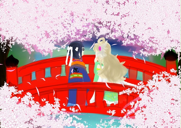 桜の木と赤い橋