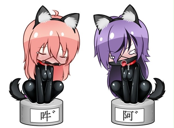 ラバー+手足埋め込み+開口マスク&バイトギャグの阿吽狛犬コンビ