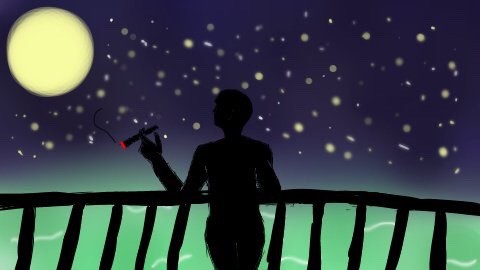夜の海を黄昏る