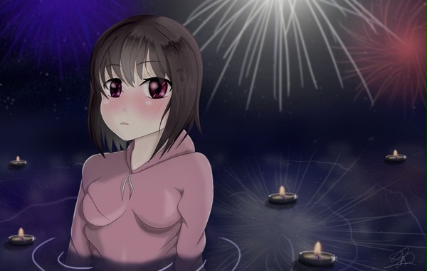 Cute girl in lake during Hanabi