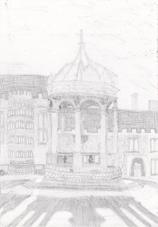 大学中庭噴水 白黒模写 習作