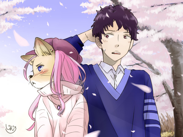 桜並木の下で