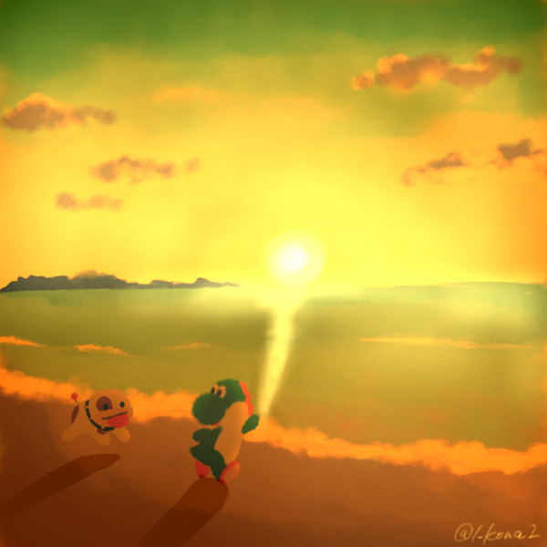 海と夕日とヨッシーとポチ