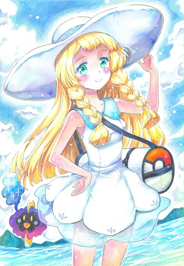 リーリエ（ポケモン）水彩色鉛筆描いてみた