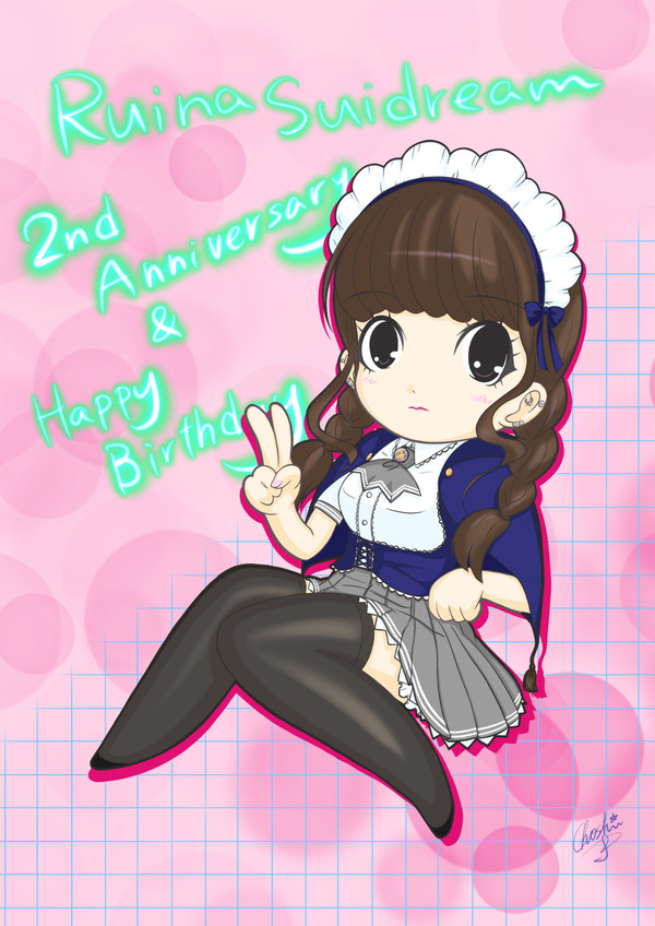 るいてん2周年と誕生日のお祝いイラスト