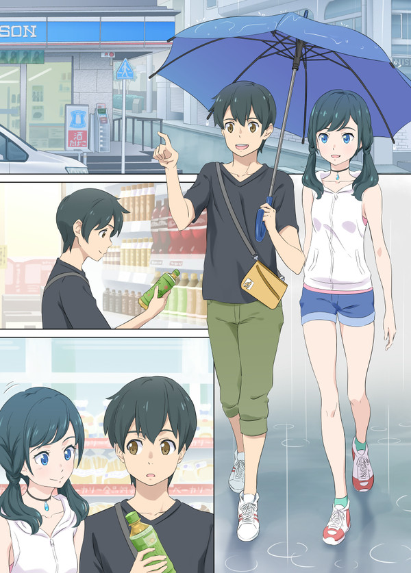 コンビニの帆高と陽菜さん。