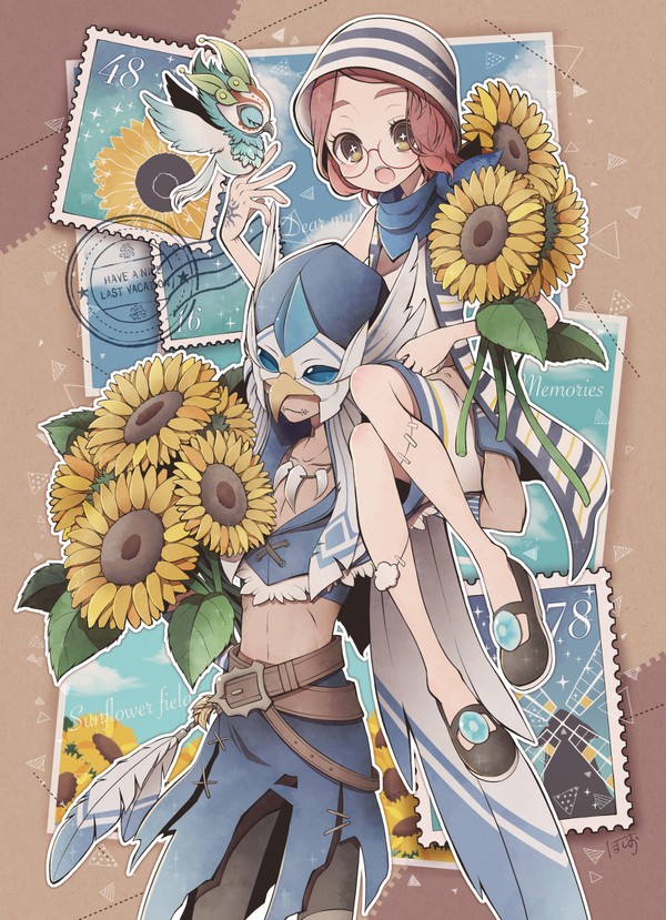 夏の終わりの向日葵と白い鳩