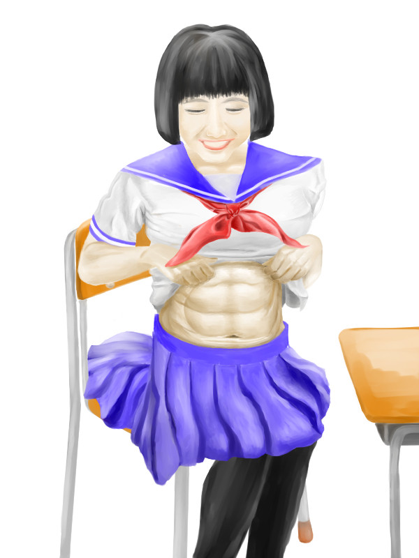 服をめくって腹筋を見せる少女