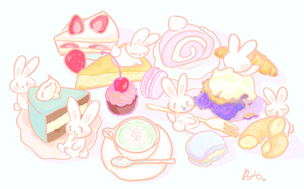 ラテ、ケーキ、バニー