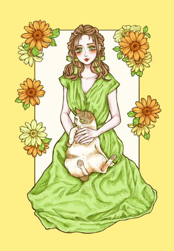 三毛猫とガーベラ
