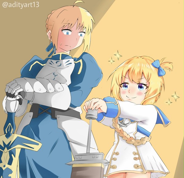 Saber and little renown posing