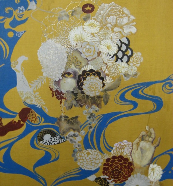 流水に花女