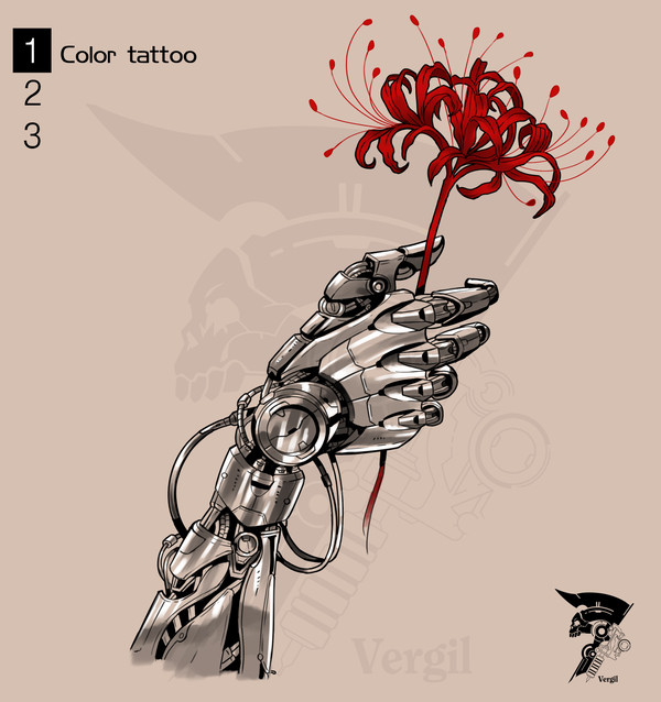 tattoo design_메카닉과 꽃