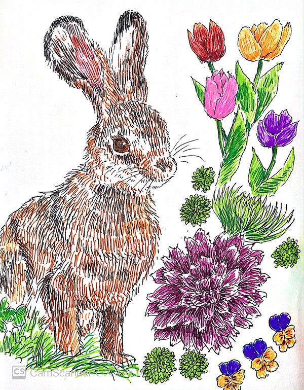 ヨーロッパのうさぎと花々