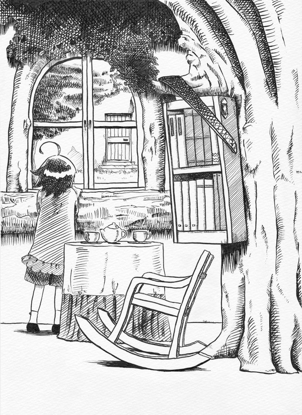 木の部屋の窓辺で