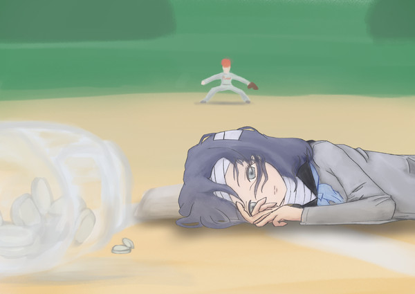 二塁で倒れる東雲諒子
