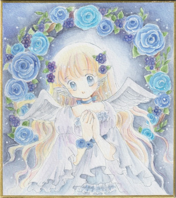 青薔薇のリースと天使