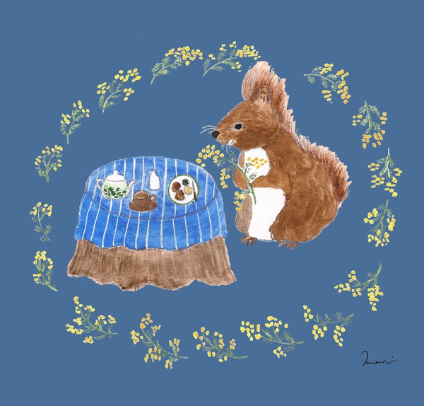 リスのティータイム　ミモザを添えて