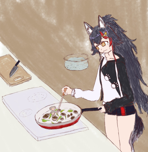 アサリを泣きながら炒めるミオしゃ