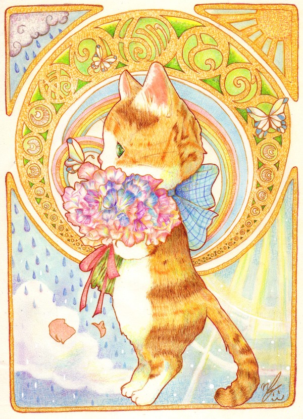 花束を持った猫