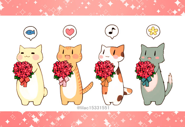 ねこたち　と　花束。