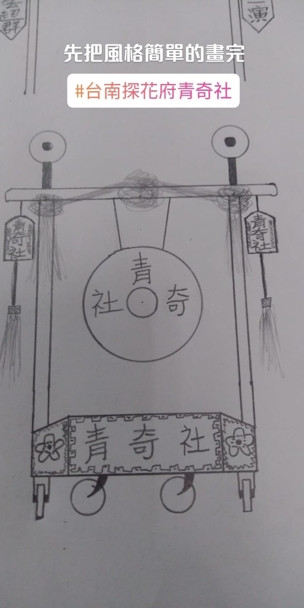 鉛筆畫作/各軒社鑼車正面圖