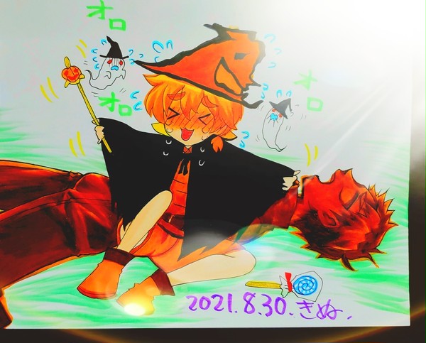 こわい先輩に秘密のおやつがみつかってしまった後輩の図🎃