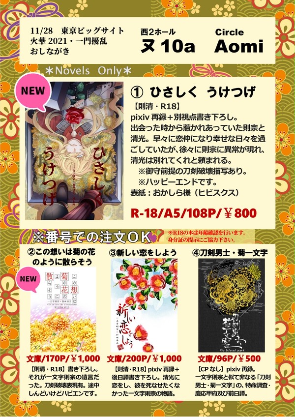 【11/28火華2021】おしながき【一門擾乱】