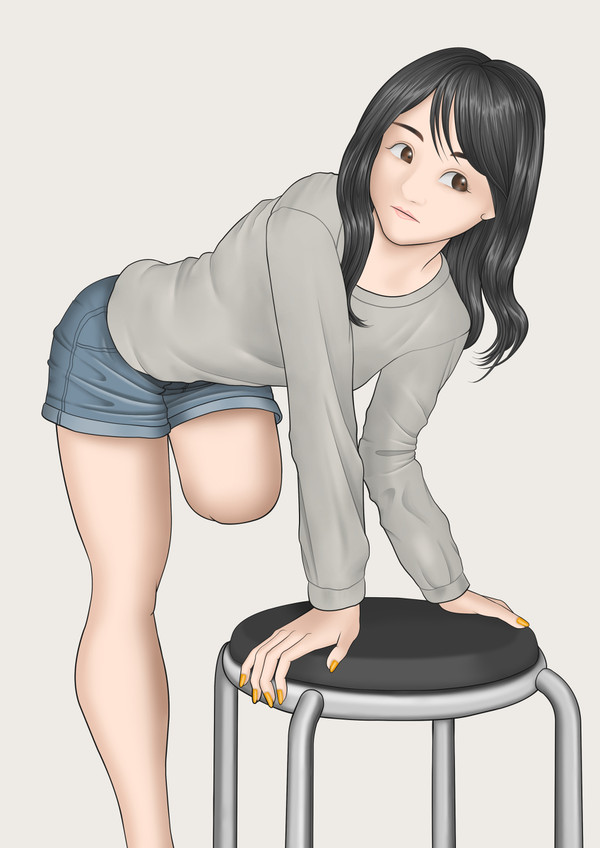 欠損女子　丸椅子でポージング