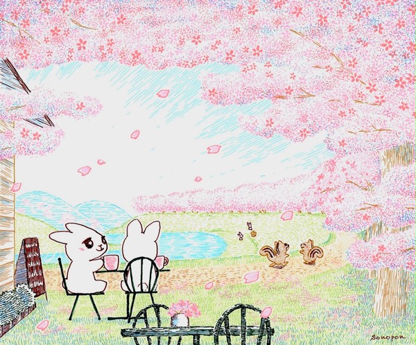桜並木のカフェ