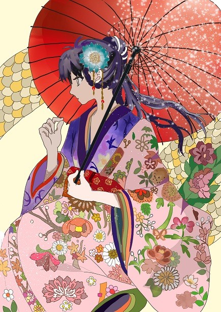 ピンクの着物　日本傘