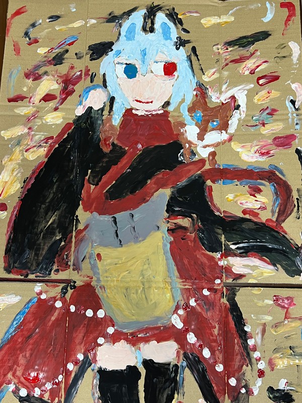 指とアクリルと段ボールで描いた丹下琴絵のようななにか