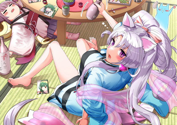 お茶をのみかわすイタコときりたん