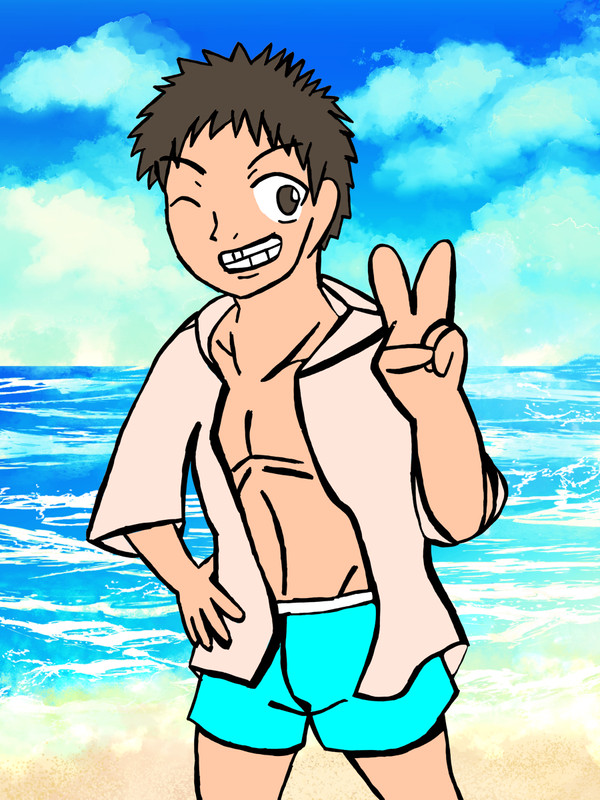 夏らしく水着パーカー少年