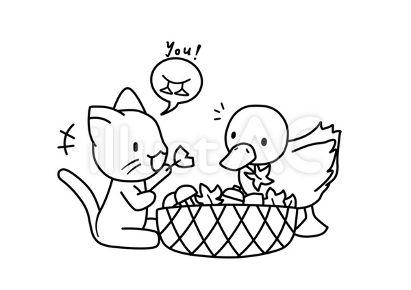 【ぬりえ】猫とアヒルの紅葉狩り【イラストAC】
