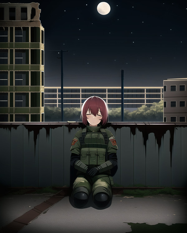 Girls soldiers in abandoned city