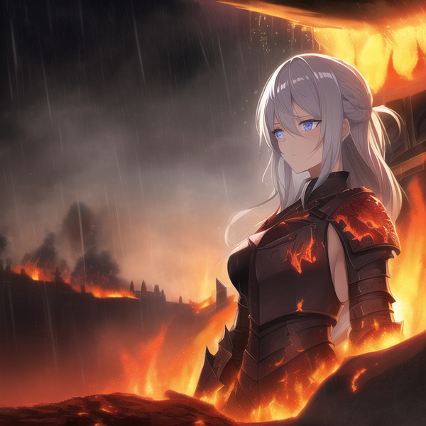 [AI/woman warrior in fire]