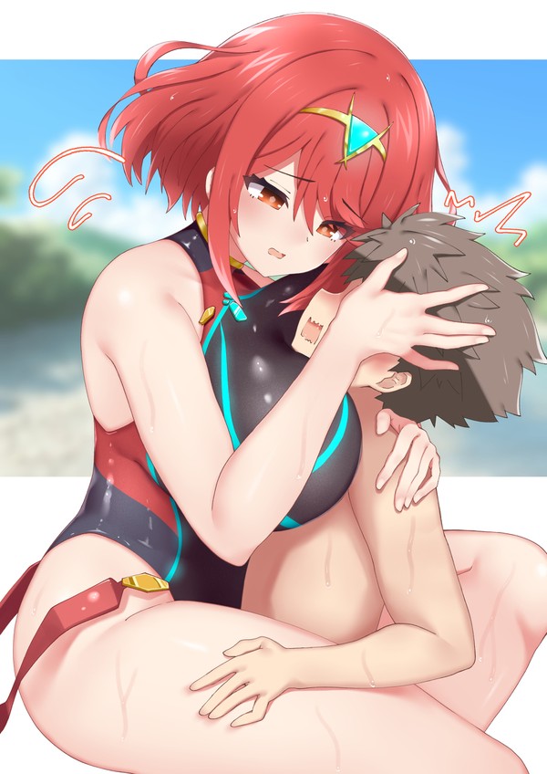 水辺で転んだレックスを優しく介抱するホムラ(好感度MAX)